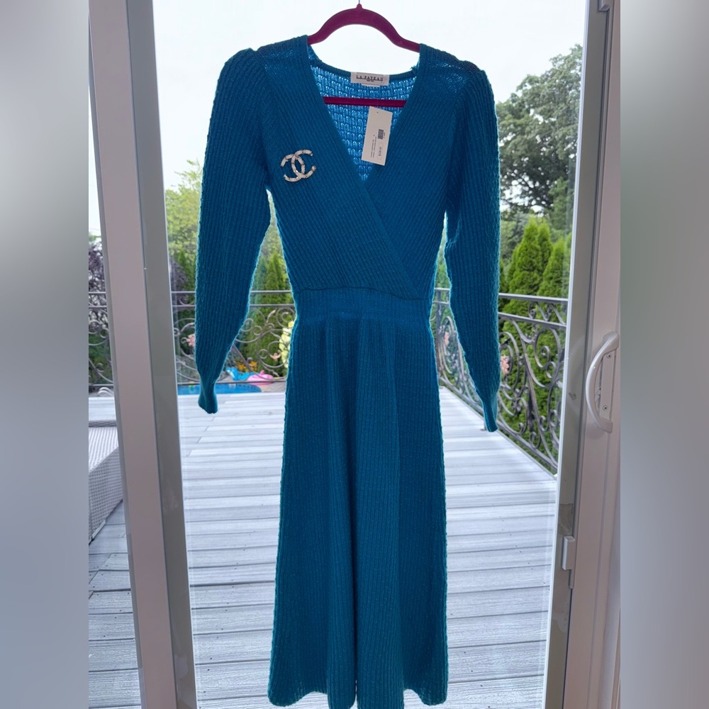 La Pateau New York Teal Blue Ribbed Knit Sweater Dress M | NWT